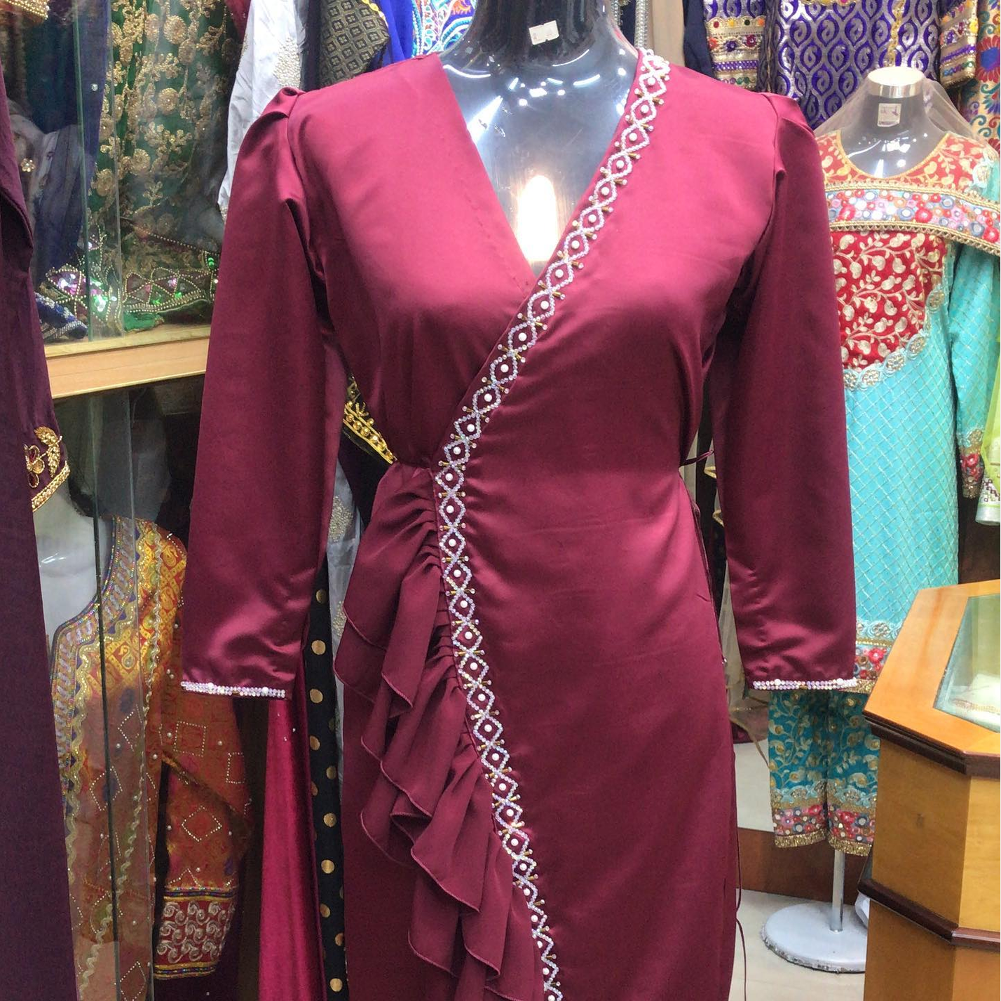 Maroon Pearl Trim Wrap Dress