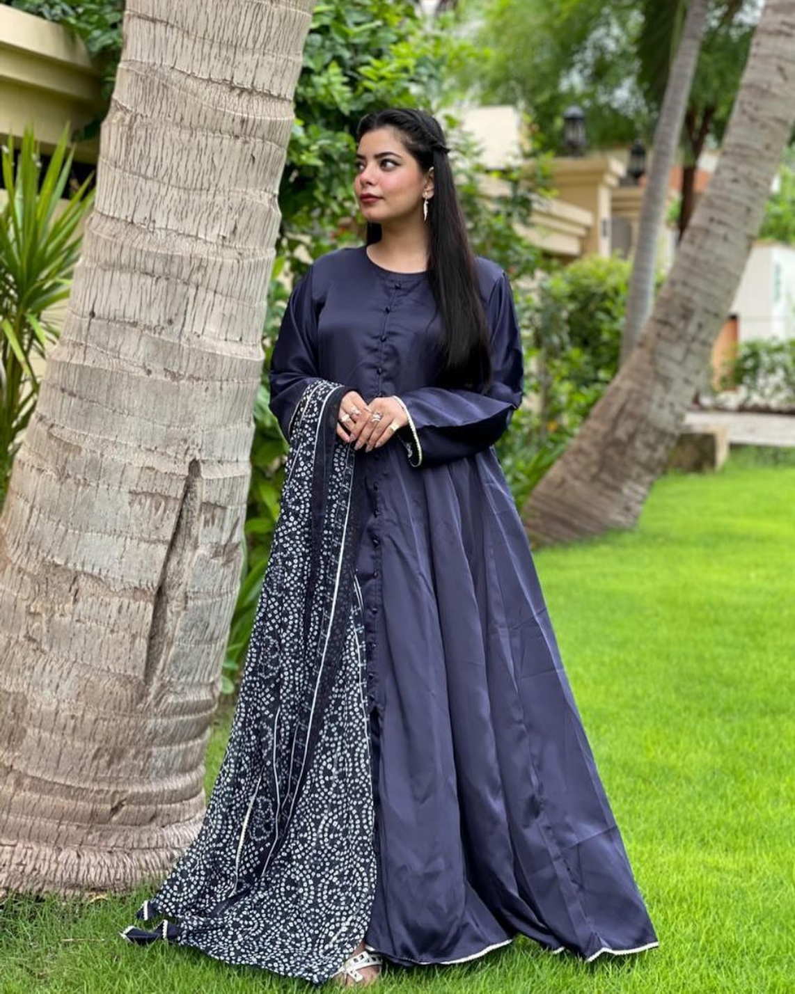 Navy Satin Long Dress with Printed Dupatta