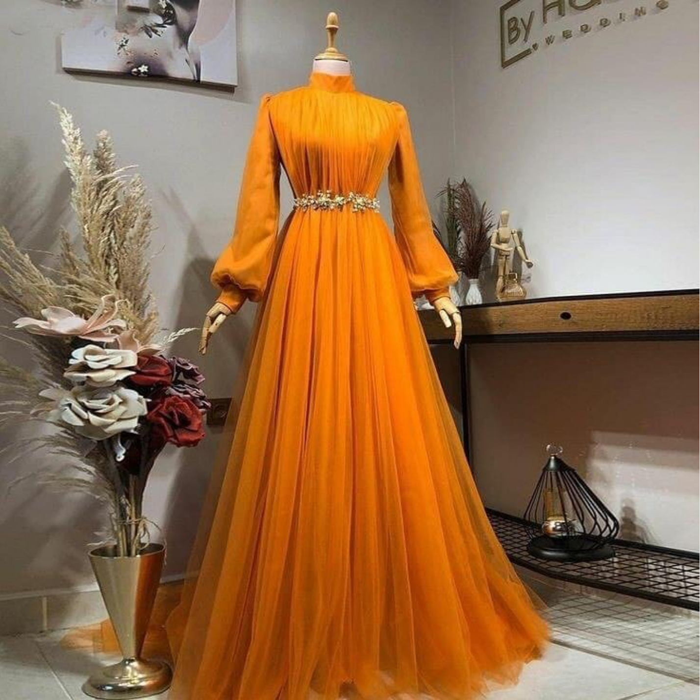 Orange Pleated Evening Gown